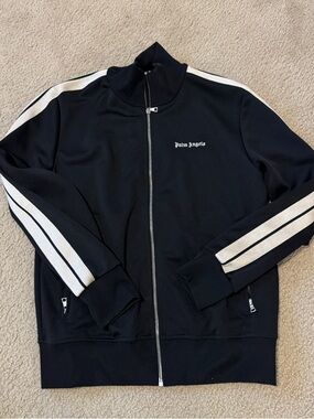 Palm Angels Black Zip-Up Track Jacket with White Stripes
